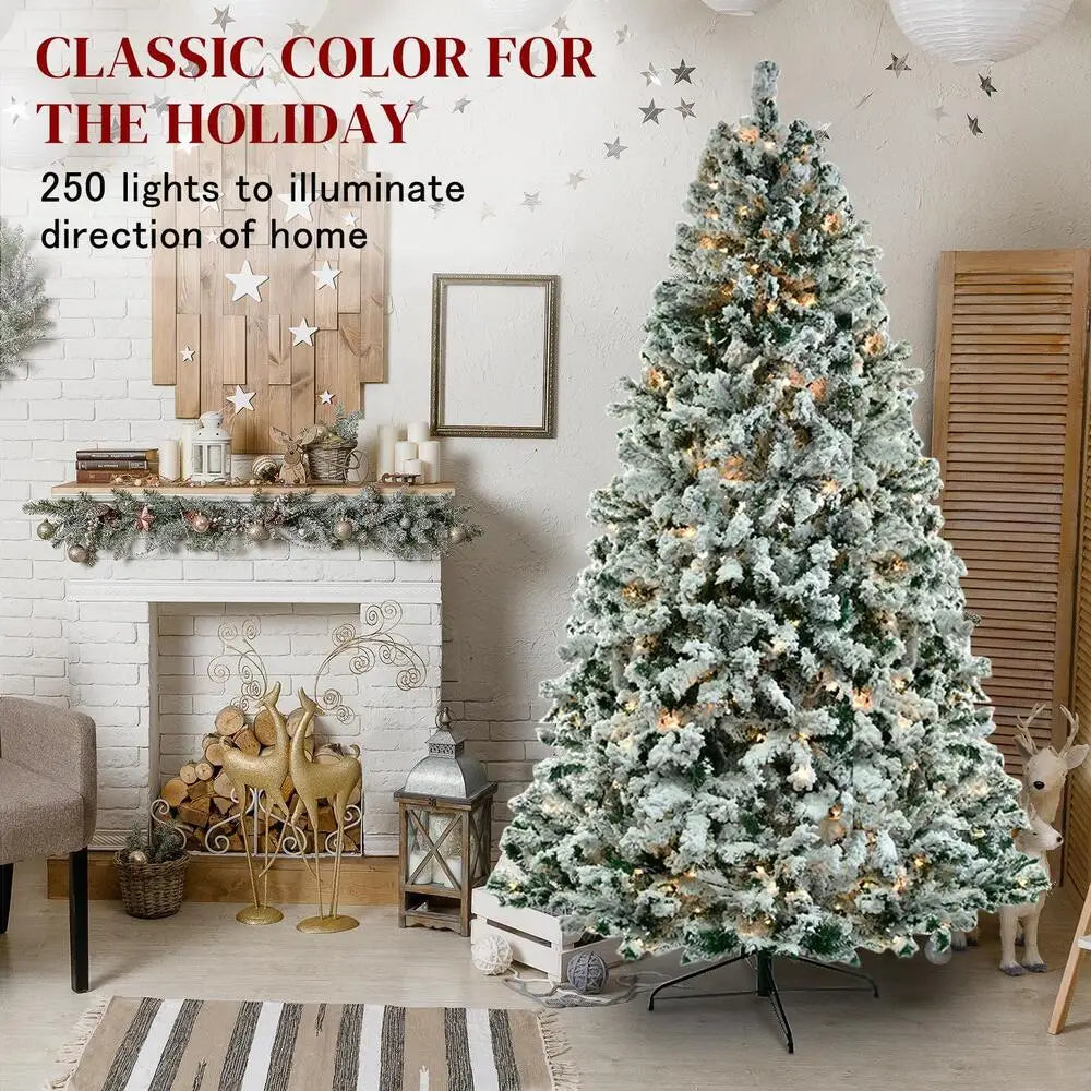 6 FT Pre-Lit Christmas Tree with 250 LED Lights Party Xmas Snow Flocked