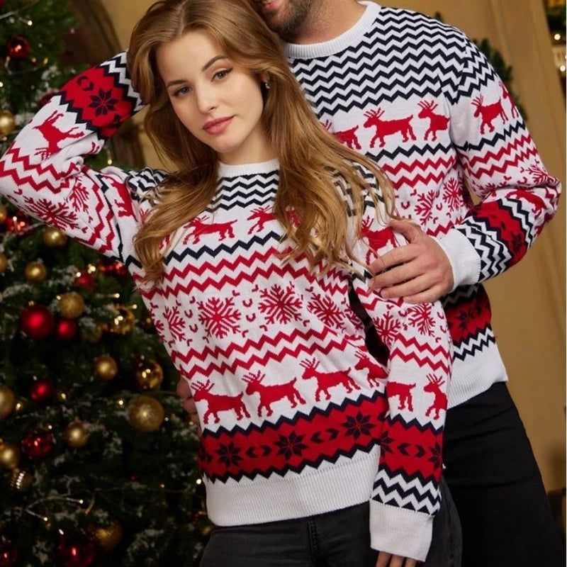 2024 Winter Men Women Christmas Sweaters Casual Loose Jacquard Knitwear Warm Thick Couples Matching Clothes Pullover Top Jumpers