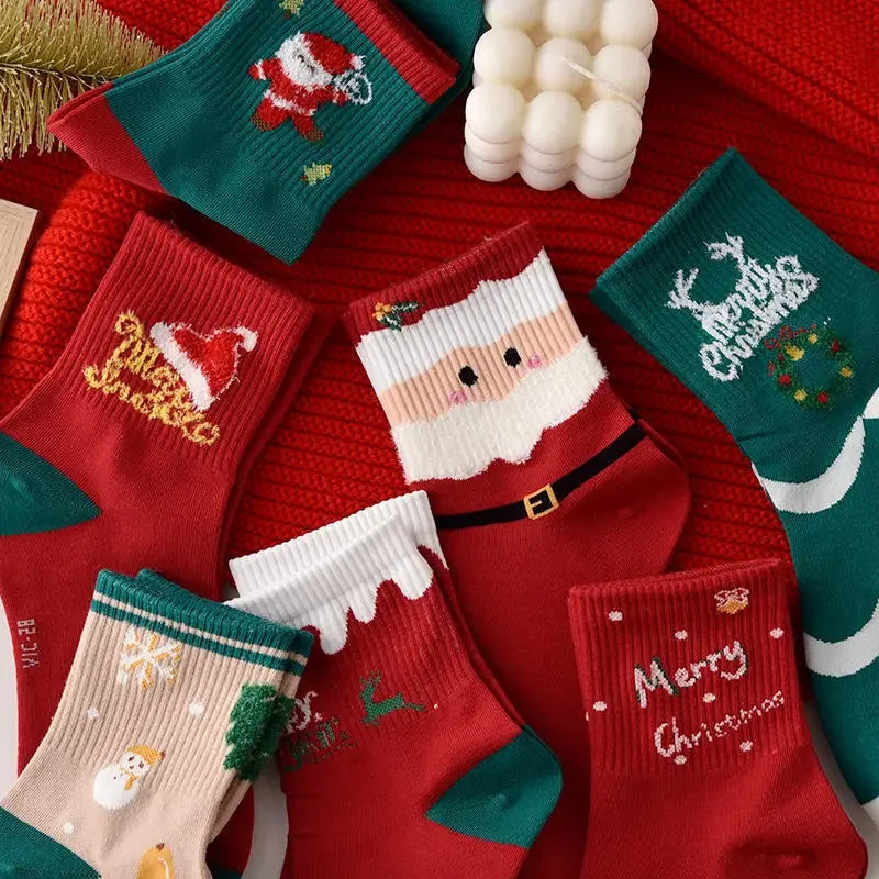 5 pairs of Christmas stockings for women in autumn and winter, stockings for Santa Claus, reindeer, snowman, cute