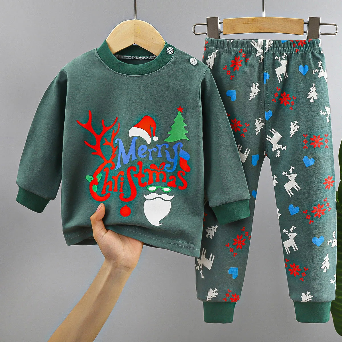 Christmas Kids Sets Cotton  Long Sleeve Children's Clothing Boy Girl Autumn Winter Tops Pants Suits Santa Claus Christmas Tree