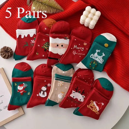 5 pairs of Christmas stockings for women in autumn and winter, stockings for Santa Claus, reindeer, snowman, cute